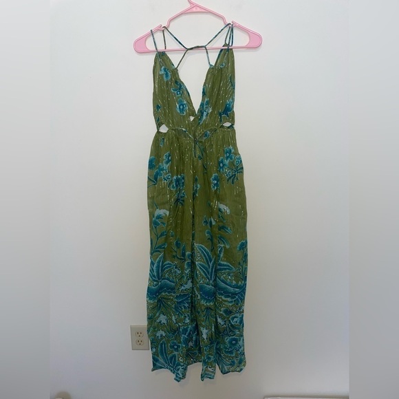 NWT Anthropologie Green Motif and Blue Metallic Cutout Maxi Dress Size XSP - Picture 9 of 10